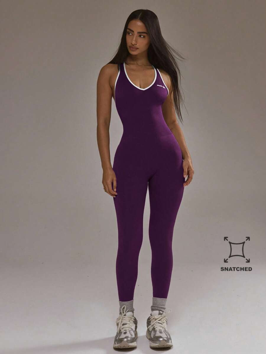 Musera Sport Contrast Trim Plunge Fitted Jumpsuit Padel Winter Activewear Sport Gym Workout Summer - Purple - View 1