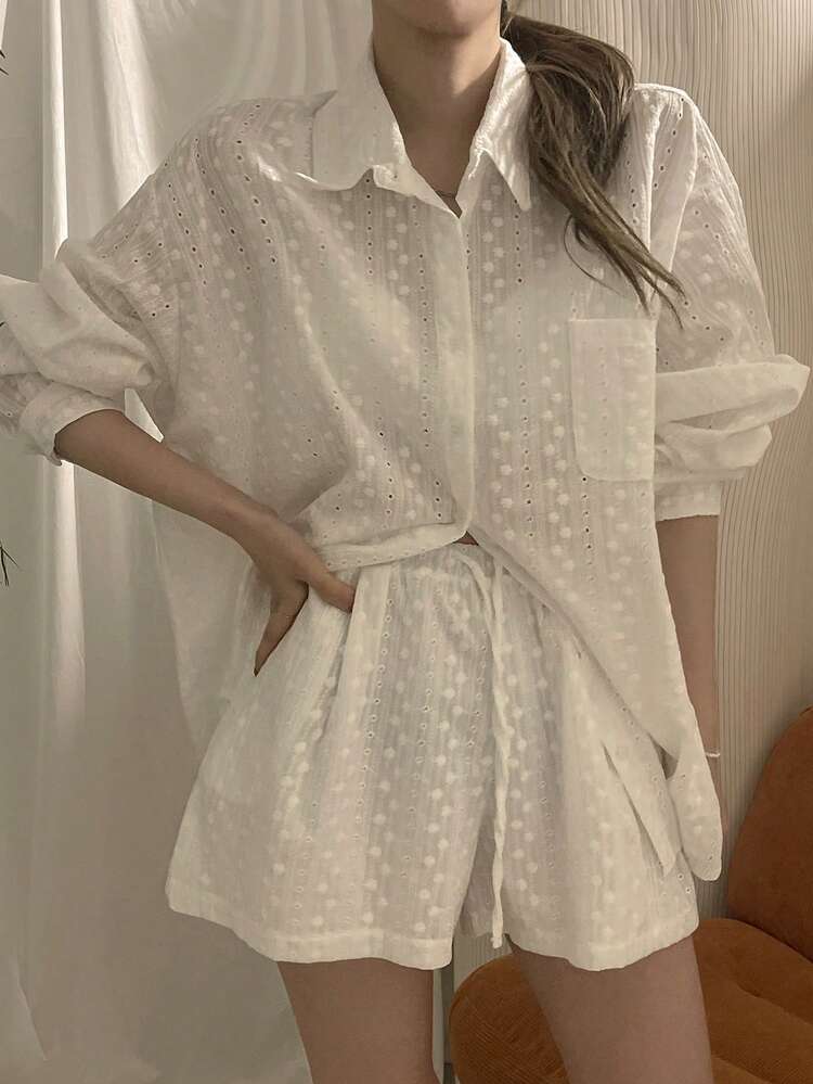 Women's Lace Collar Blouse And Shorts 2 Pieces Set
