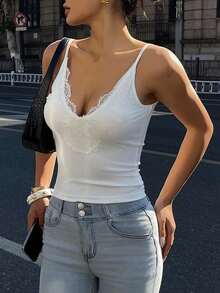 DAZY Top de camisola de encaje y parches sexy para mujer, para uso diario - Blanco - Ver 3