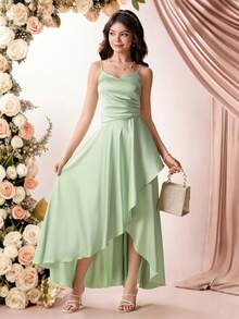 Pitira 儿童青少年女孩绿色缎面不对称下摆收腰吊带连衣裙，优雅适合派对、约会、重要家庭聚会，适合各种场合，例如返校、校园风、派对、通勤、购物，也适合婚礼、生日派对、舞会和伴娘活动、正式晚礼服、毕业典礼、宴会婚礼宾客礼服、女士伴娘礼服、鼠尾草绿正式礼服、优雅绿色连衣裙、不对称连衣裙、舞会礼服、优雅派对礼服、鼠尾草绿伴娘礼服 - 綠色 - 查看 4
