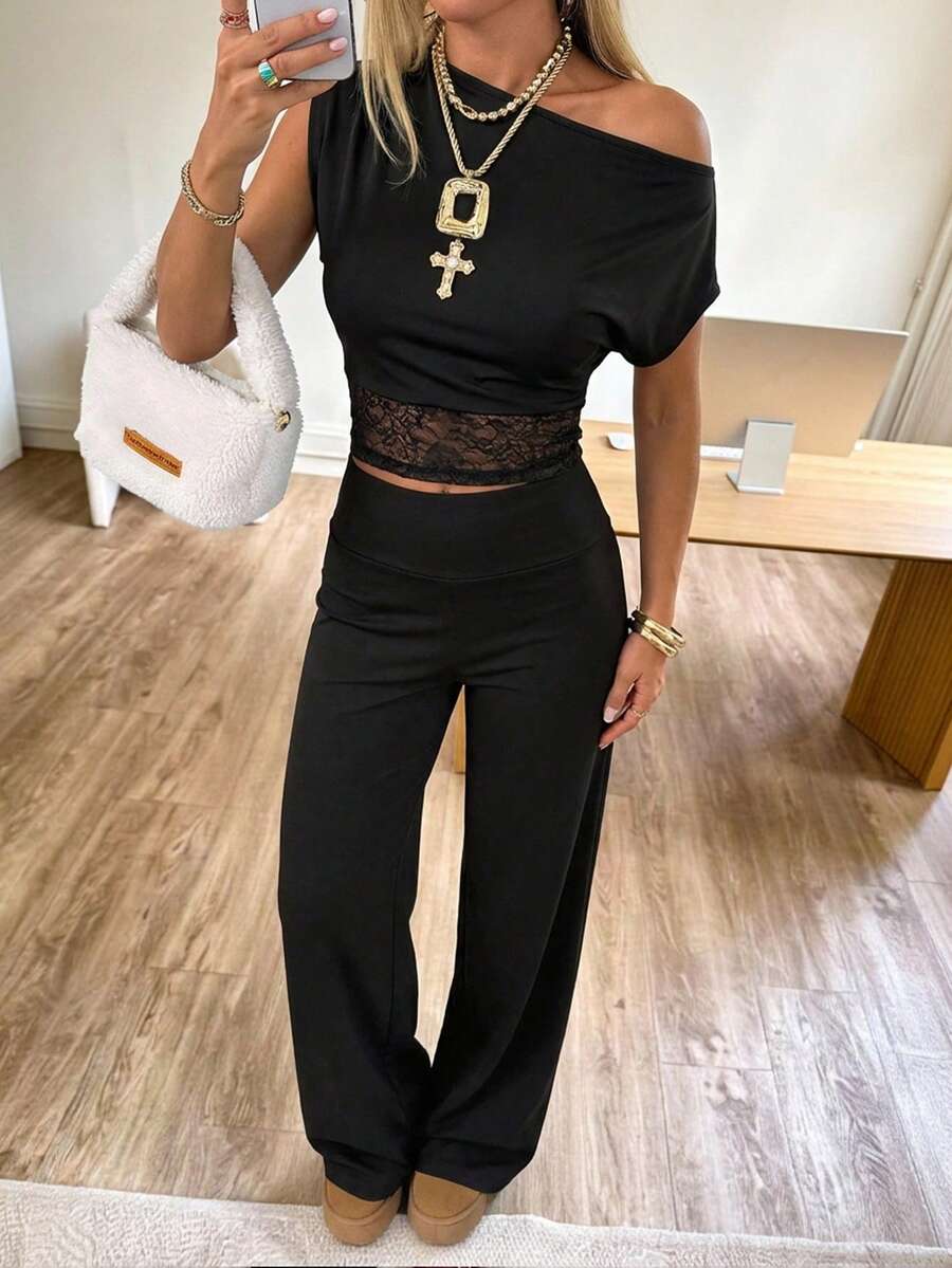 SHEIN EZwear Bộ đồ dệt kim màu đen gồm áo và quần lệch vai dành cho nữ. - màu đen - Xem 1