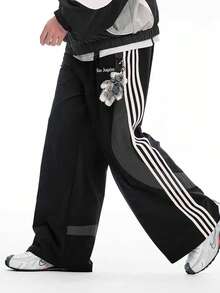 Manfinity Sport Corelite 男士休闲拼接设计运动裤，宽松版型，百搭直筒裤型，侧边拼接设计 - 黑色 - 查看 2