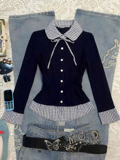 Rina Fox Women's Plaid Print Patchwork Front Button Tie Fitted Long Sleeve Blouse