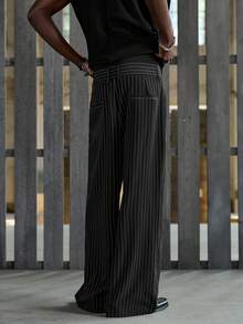 NEON BLANC Men's Casual Commuter Fashion Street Striped Print Pleated Loose Wide Leg Pants, Belt Not Included - Black - View 4