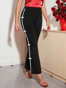 Amorya 女士新款优雅高端收腰黑色撞色纽扣百搭设计长裤 - 黑與白 - 查看 6