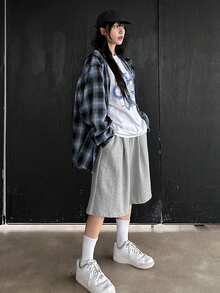 DAZY Quần short ống rộng 5" có dây rút màu trơn dành cho nữ có túi ở eo - Màu Xám nhạt - Xem 4