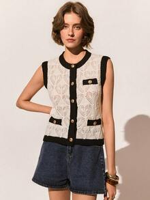 Poéselle Women's New Casual Loose Personalized Minimalist Commuting French Style Hollow Out Sleeveless Knit Top, Spring/Summer - Black and White - View 5