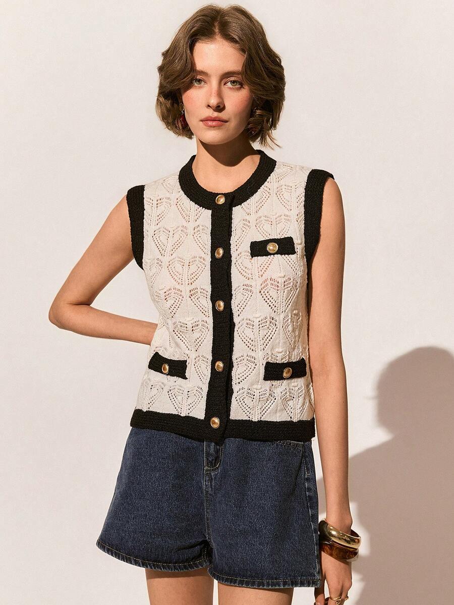 Poéselle Women's New Casual Loose Personalized Minimalist Commuting French Style Hollow Out Sleeveless Knit Top, Spring/Summer - Black and White - View 1