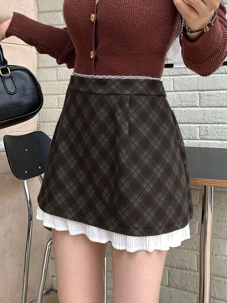 Teen Girl High Waist Plaid Patchwork Ruffle Hem Fashionable Mini Skirt