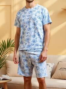 Velminro 男士印花弹力薄款短袖上衣和短裤睡衣套装 - 藍白色 - 查看 3