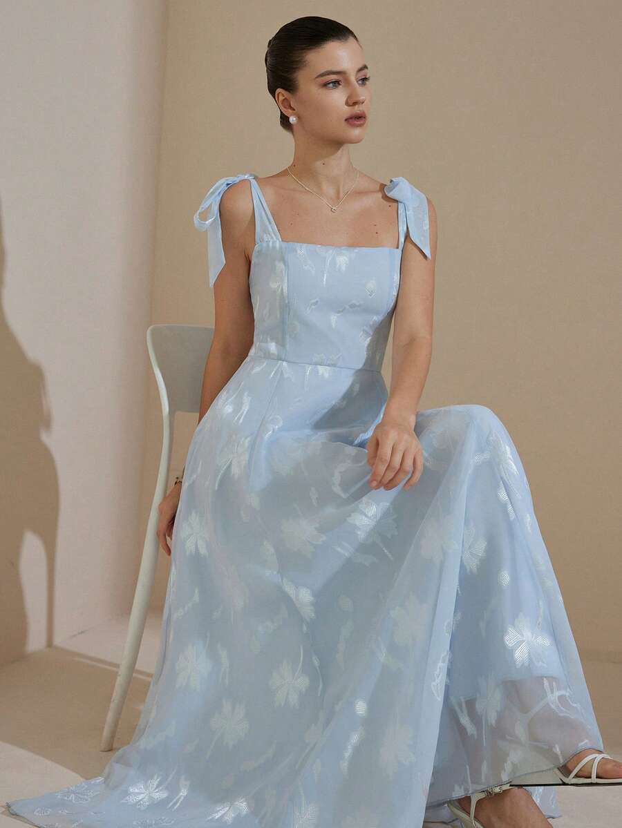 Aveloria Modichic French Design Luxurious High-End Jacquard Camisole Strap Tie Waist Flared Hem Sleeveless Dress - Blue - View 1