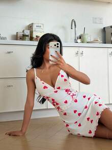 SHEIN Sexy Hot Pink Heart Print Lace Bow Design Slip Dress For Women - White - View 5