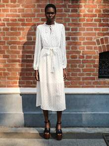 Lumivelle 女士春夏时尚长袖荷叶领收腰波点连衣裙 - 白色 - 查看 3