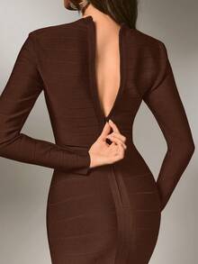 Nuvra Women's Romantic Vacation Curve-Flattering Long Sleeve Bodycon Slit Waist Fitted Bandage Knit Dress - Brown - View 4