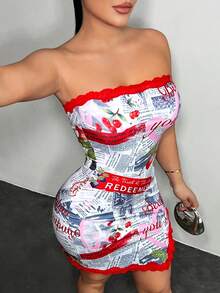 SHEIN SXY Y2K草莓印花蕾丝拼接无袖迷你连衣裙 - 彩色 - 查看 6