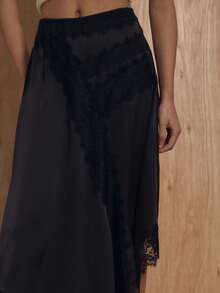 MUSERA Lace Trim Panel Asymmetric Hem Satin Low Waist Maxi Skirt Winter NewYear Cute Sexy Going Out Evening Party Accented - Black - View 5