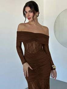 Firerie Women's Elegant Off-Shoulder Asymmetric Lace Dress - Brown - View 6