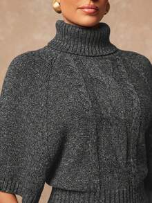 Lumalex Turtleneck Short Sleeve Cinched Waist Batwing Sleeve Cape Textured Women Sweater - Dark Grey - View 6