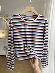 Comfortcana 大码彩色条纹针织休闲长袖圆领修身T恤，春秋季 - 彩色 - 查看 5