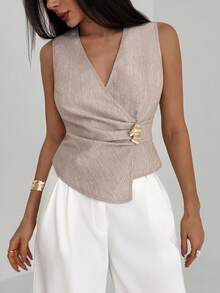 Aloruh Women's Solid Color Overlap V-Neck Waist Metal Decor Ruched Asymmetric Hem Sleeveless Blouse Wrap Tops For Women Criss Cross Top - Khaki - View 9
