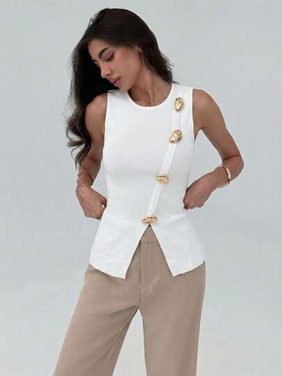 Aloruh 女士优雅时尚浪漫金属纽扣修身A字下摆无袖白色毛衣背心，适合办公室/日常穿着，夏季，教师服装，返校季服装，舒适毛衣，婚礼宾客着装