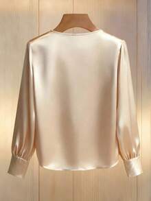 Franclia Petite 女士优雅香槟色缎面圆领长袖衬衫，饰有珍珠点缀和珍珠镶嵌设计，非常适合春季、夏季和假日穿着。 - 香檳色 - 查看 2