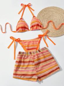 SHEIN Swim Curve Bộ đồ bơi 3 mảnh cỡ lớn dành cho nữ, áo bikini tam giác kẻ sọc có dây rút kèm quần ống rộng, đồ bơi gợi cảm cho kỳ nghỉ biển. - Nhiều màu - Xem 1
