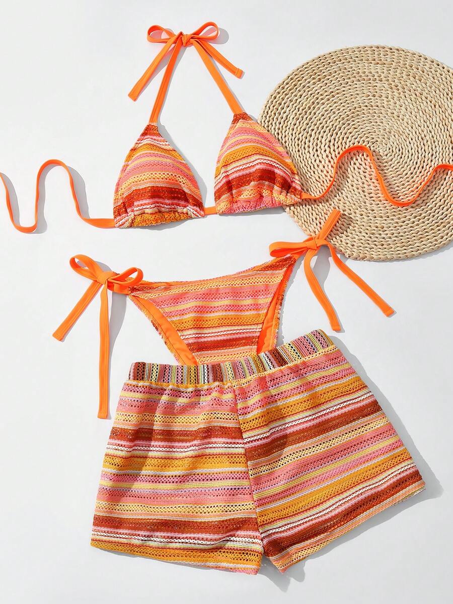SHEIN Swim Curve Bộ đồ bơi 3 mảnh cỡ lớn dành cho nữ, áo bikini tam giác kẻ sọc có dây rút kèm quần ống rộng, đồ bơi gợi cảm cho kỳ nghỉ biển. - Nhiều màu - Xem 1