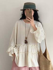 FRIFUL Women's Solid Color Round Neck Long Sleeve Textured Fabric Cuff Gathered Loose Casual Versatile T-Shirt - Apricot - View 7
