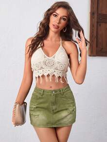Minifalda de mezclilla lavada y rasgada de verano casual para mujer - Verde - Ver 4