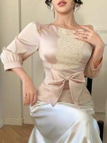 DAZY 春夏镂空蕾丝拼接泡泡袖上衣，优雅百搭，适合情人节、婚礼、派对、正式场合，时尚修身，蝴蝶结腰带，金属纽扣装饰 - 粉色 - 查看 9