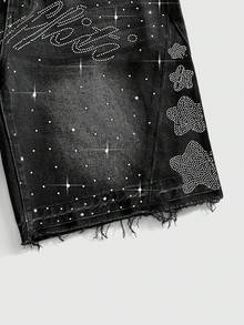 ROMWE MEN Street Life Quần short denim nam đính đá lấp lánh, kiểu dáng thường ngày. - màu đen - Xem 5