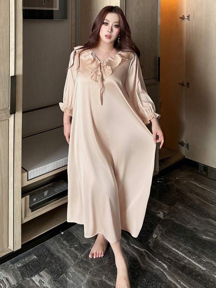 Dazy Plus Plus Size Women Loose V-Neck Long Sleeve Bell Sleeve Maxi Nightgown, Spring/Autumn