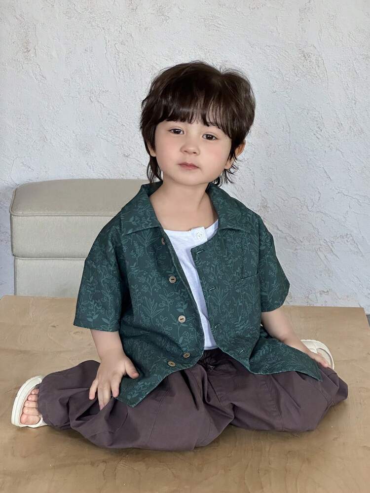 Young Boy Green Front Button Casual Versatile Short Sleeve Shirt Summer Easter