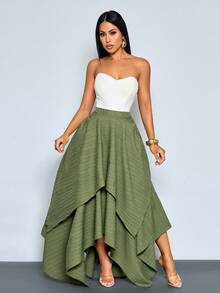 SOLERSUN Women's Elegant High Waist Double-Layer Asymmetric Hem Draped Maxi Skirt - Army Green - View 1