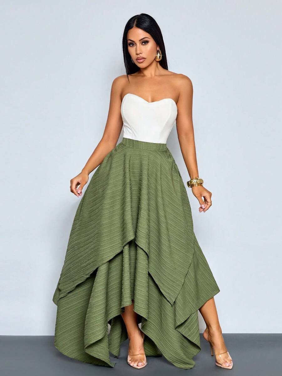 SOLERSUN Women's Elegant High Waist Double-Layer Asymmetric Hem Draped Maxi Skirt - Army Green - View 1