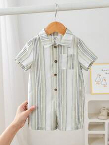 男婴休闲度假绿色条纹连体衣，适合春夏郊游、旅行、海滩、游泳池、派对等场合。 - 彩色 - 查看 9