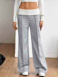 SHEIN Tall 女士夏季及夏季街头服饰外出休闲返校复古日常穿搭Y2K罗纹针织白色翻边裤法式灰色喇叭裤，夏季度假装扮 - 灰色 - 查看 11