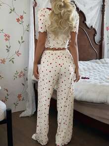 CottageSlumber 女士休闲蕾丝方领针织爱心印花蝴蝶结装饰睡衣套装 - 彩色 - 查看 2