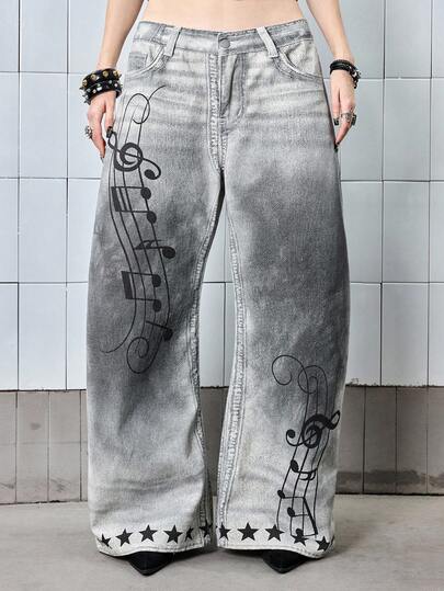 ROMWE Avant Y3K Retro Distressed Grey Denim Jeans With Music Note Print, Plus Size