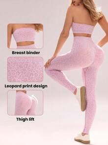 Sovereign Charm Women's Seamless Leopard Print Sports Set, Dopamine Sexy Bandeau Top And Leggings 2 Pieces Outfit - Multicolor - View 2