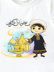 0-3岁男女宝宝通用套装：白色针织圆领短袖卡通图案T恤、松紧腰条纹梭织裤和条纹梭织背心，适合休闲活动、节日庆典、晚间活动、春夏户外休闲等场合。 - 彩色 - 查看 5