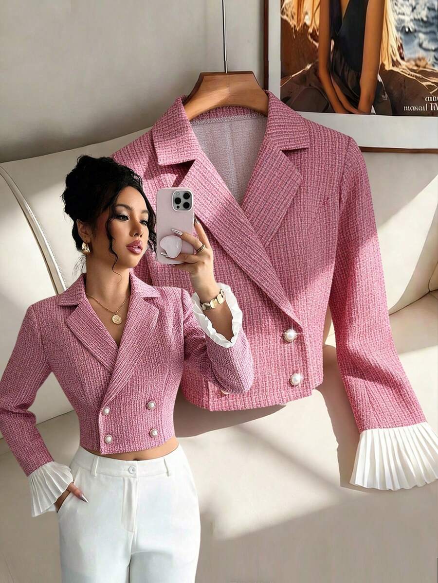 GlowEve Women's Elegant Ruffle Cuff Double-Breasted Short Blazer Jacket