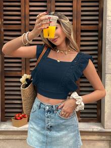 SHEIN Frenchy Women's Casual Solid Color Patchwork Lace Ruffle Hem Cropped Shirt, Summer,Summer Top - Blue - View 7
