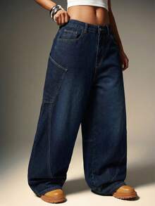 Denimoi Jeans casuales de pierna ancha con bolsillos y ajuste holgado para mujer - Azul lavado oscuro - Ver 1