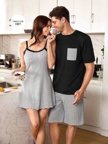 CoupledUp Set Piyama Pria Kasual Motif Patchwork Warna Kontras Kaos Leher Bulat dan Celana Pendek Bergaris - Hitam - View 1