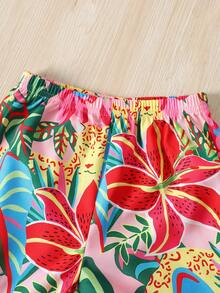 SHEIN Playful Pals 2件套婴儿/男女通用0-3岁休闲热带印花吊带背心和短裤套装，女婴夏季服装，女婴套装，婴儿休闲套装，适合户外、休闲、度假，3T女婴热带度假服装夏季两件套，女婴夏威夷服装，热带婴儿套装，女童夏季套装，度假服装，热带女童夏季假日服装 - 彩色 - 查看 7