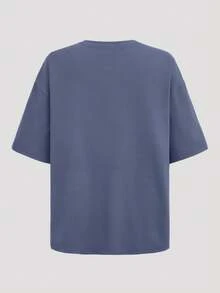 SHEIN Girlism Bộ 2 món dành cho nữ tuổi teen, áo thun tay raglan cổ tròn dáng rộng thoải mái và quần short in họa tiết, áo thun dệt kim nhẹ và quần short có dây rút, phù hợp cho mặc hàng ngày, đi học, nghỉ lễ và các hoạt động ngoài trời. - Màu xanh bụi bặm - Xem 4