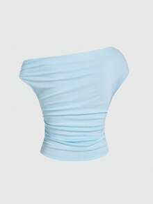 ROMWE Grunge Punk Y2K Shibuya Girl Millennium Retro Revived Tight Shoulder Ruched Women T-Shirt - Baby Blue - View 2