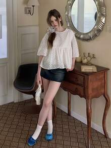 DAZY Teen Girls Plain Textured Short Sleeve Shirt - White - View 8